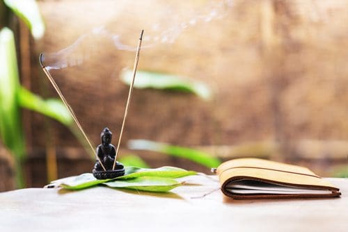 table with journal and Buddha incense burner - resolutions