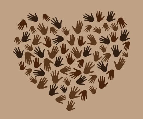 black and brown hand prints forming shape of heart on beige background - treatment needs BIPOC