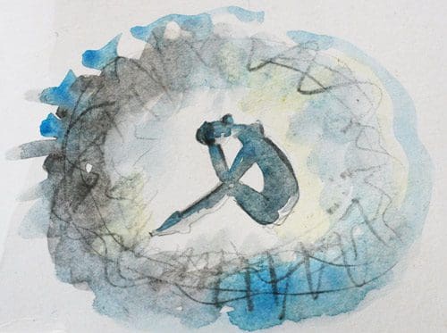 watercolor painting in grays and blues depicting person trapped in thought bubble - trauma and addiction