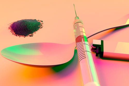 digital illustration of heroin, spoon, syringe, and lighter - heroin addiction